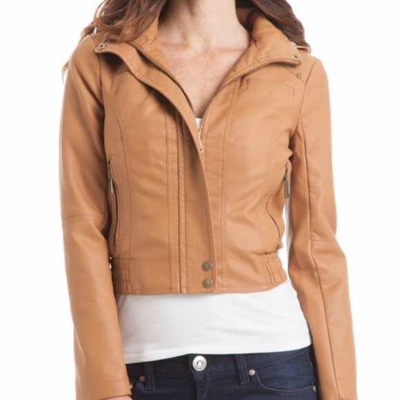 SOLD - Guess Caramel Crop Leather Jacket - Vegan Leather - Picture 1 of 5